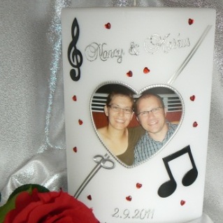 Hochzeitskerze Fotodruck Herz mit Noten